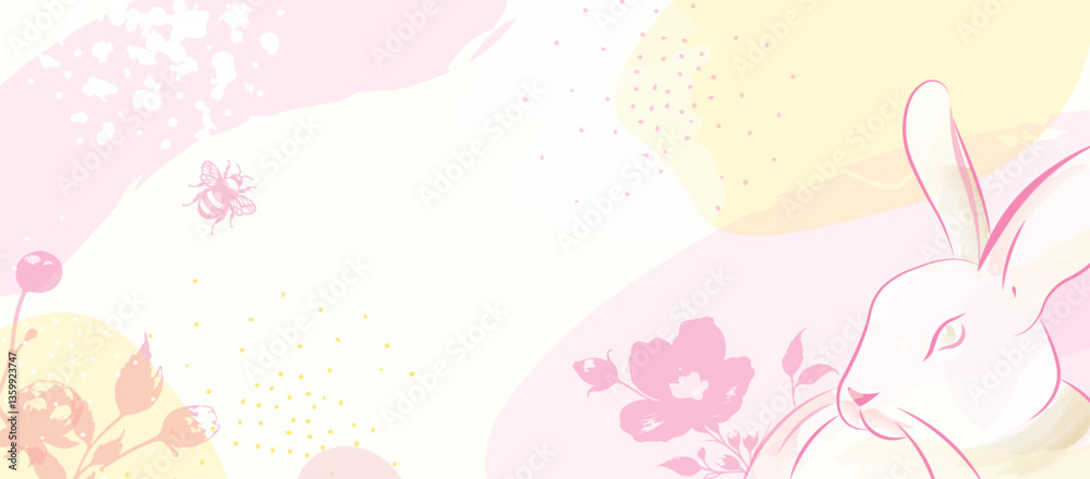 Easter Bunny Pastel Bloom Banner. Soft Spring Background Pattern with Floral Accents and Delicate Bee and Rabbit Details
Easter Bunny Pastel Bloom Banner. Soft Spring Background Pattern with Floral Accents and Delicate Bee and Rabbit Details