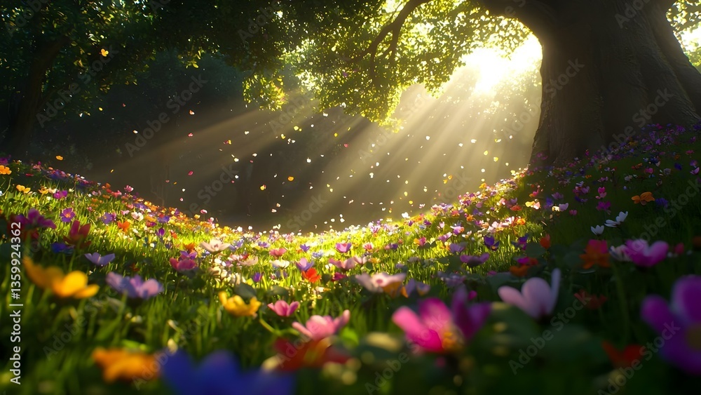 Obraz premium A vibrant meadow filled with colorful flowers, illuminated by sunlight streaming through lush trees. Concept Vibrant Meadow, Colorful Flowers, Sunlight Illumination, Lush Trees, Natural Beauty