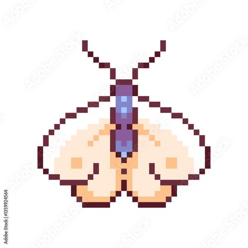 Pixel art moth 8 bit winged insect icon for retro game design. Game asset moth for video game on white background. Pixel game asset. 
