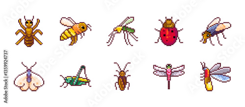 Pixel Art Insects Icons. 8 bit style stickers of Pixelated Insect Collection - Bee, Ant, Fly, Mosquito, Ladybug, Moth, Cockroach, Grasshopper, Dragonfly and Firefly. Pixel Game Assets.