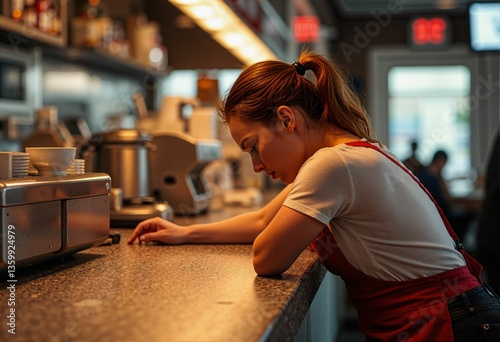 Young woman expressing fatigue while working at a café  