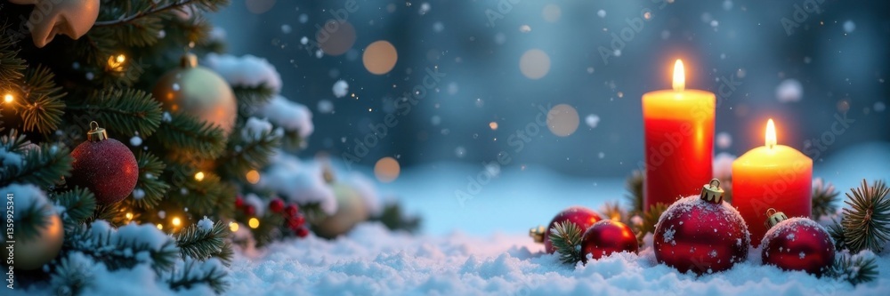 Snowy winter scene with ornaments, garland and candles , snow, Christmas, ornaments Snowy winter scene with ornaments, garland and candles , snow, Christmas, ornaments