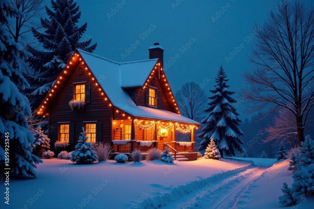 Snowy winter scene with festive lights on a house, holiday season, festive atmosphere Snowy winter scene with festive lights on a house, holiday season, festive atmosphere