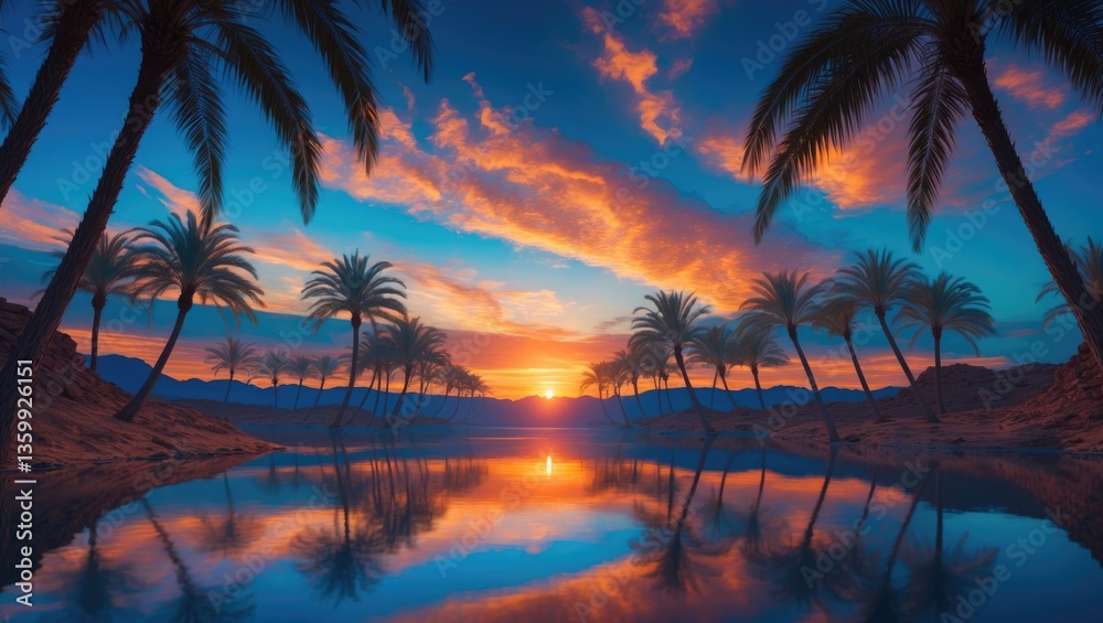 Obraz premium When dusk arrives, palm trees sway above a lake in the center of the desert.