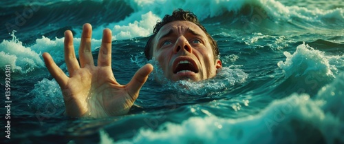 A man is struggling in the water, with his hand raised above the waves.