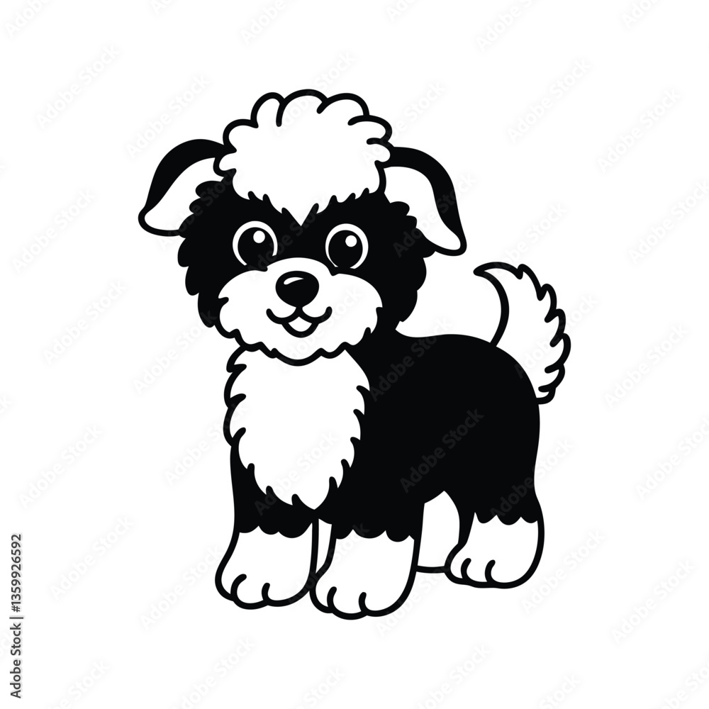 Fototapeta premium A black and white vector drawing of a fluffy puppy tilting its head.eps