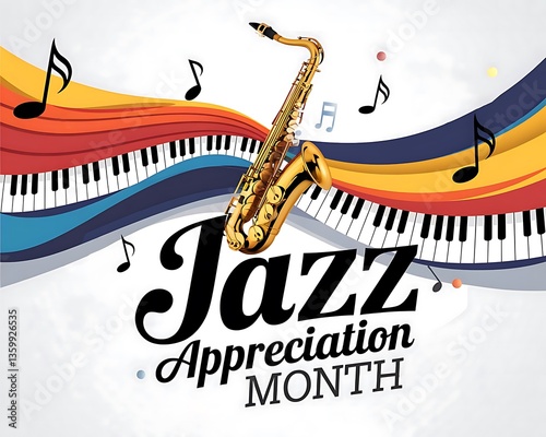 Jazz Appreciation Month with Saxophone, Piano Keys, and Musical Notes for Celebration Graphics photo
