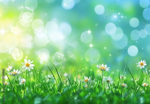 Beautiful spring meadow with white daisies and vibrant green grass illuminated by soft sunlight and bokeh effect creating a dreamy atmosphere