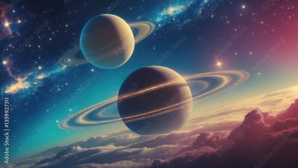 Artwork depicting an infinite universe filled with massive planets, shimmering stars, and starfields. An awe-inspiring cosmic scene.