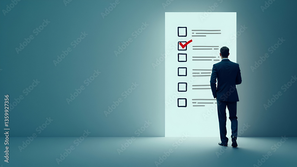 Businessman Reviewing Document Checklist: Evaluating Regulations, Policies, and Ethical Standards in Stock Photo Businessman Reviewing Document Checklist: Evaluating Regulations, Policies, and Ethical Standards in Stock Photo