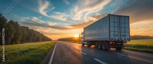 Truck moving along the asphalt road in a rural setting during sunset.