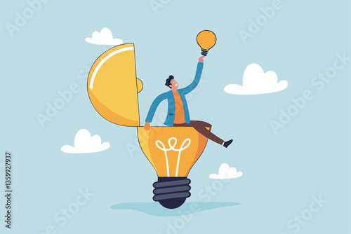 Discover insight or intelligence solution, best result or outcome, solving or finding solution, search new innovation, opportunity or invention, research concept, businessman find new lightbulb.