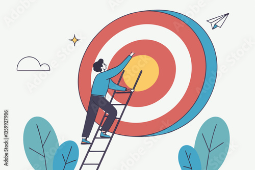Climb up ladder to reach target or goal, aspiration to success, growth or aiming to achieve target, objective or purpose, motivation to winning concept, businessman climbing ladder to business goal.