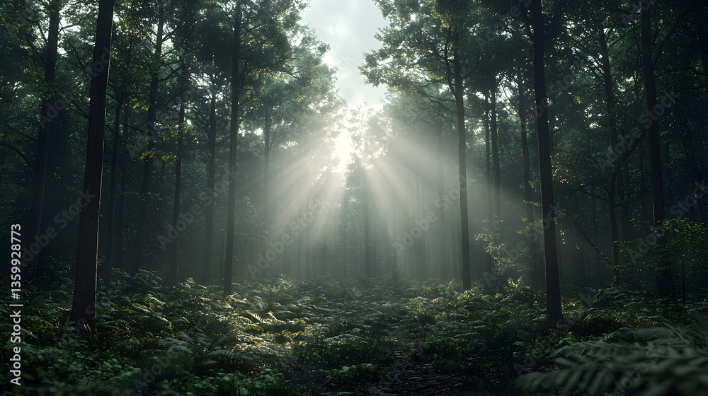 Sunlight streams through misty forest Sunlight streams through misty forest