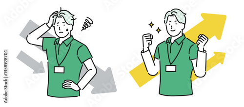 イラスト素材【介護イメージ】：悩んでいる表情と生き生きとした表情の若い男性介護職員