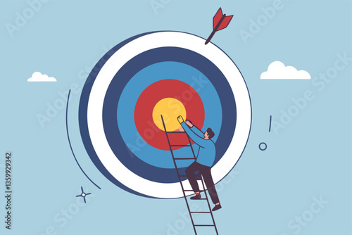Climb up ladder to reach target or goal, aspiration to success, growth or aiming to achieve target, objective or purpose, motivation to winning concept, businessman climbing ladder to business goal.
