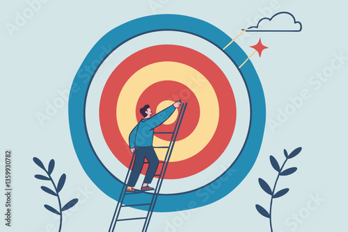 Climb up ladder to reach target or goal, aspiration to success, growth or aiming to achieve target, objective or purpose, motivation to winning concept, businessman climbing ladder to business goal.