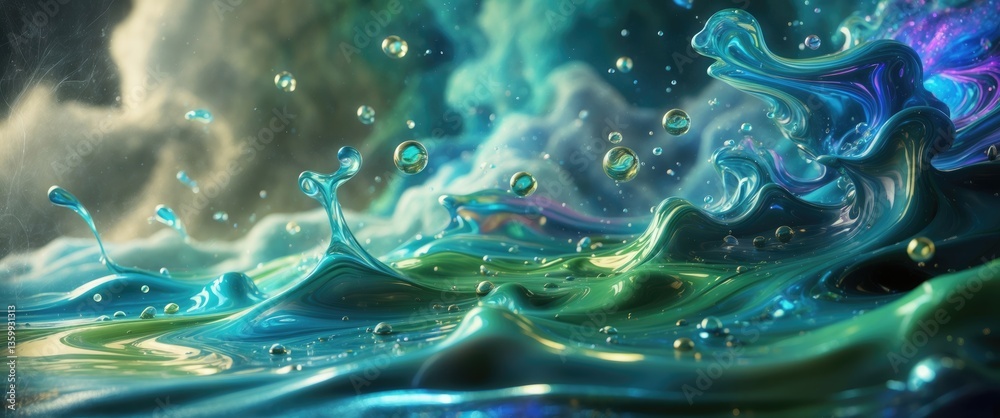 Abstract blue and green colorful backdrop featuring oil on water surface. Oil droplets in water create an abstract psychedelic image.