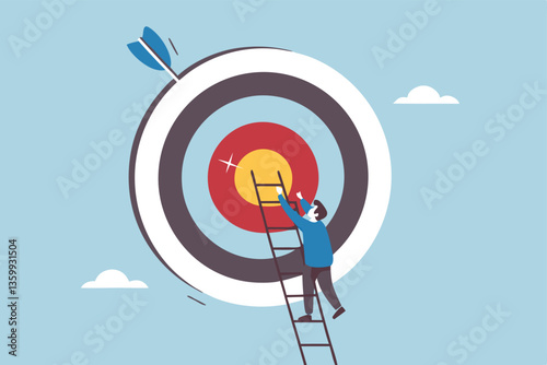 Climb up ladder to reach target or goal, aspiration to success, growth or aiming to achieve target, objective or purpose, motivation to winning concept, businessman climbing ladder to business goal.