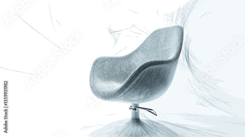 A three-quarter view of a silver molded plastic chair with a swivel base, set against a backdrop of a white fabric drape. The lighting is soft and diffused, emphasizing the chair's smooth, sculpted