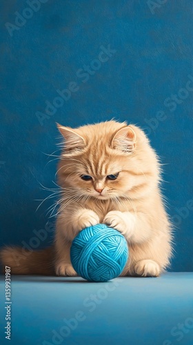 Cute Kitten Playing with Blue Yarn Ball