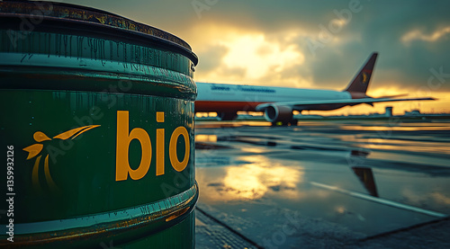 biofuel barrel near an airplane promoting sustainable aviation eco-friendly fuel solutions for greener air travel innovative renewable energy technologies supporting environmental responsibility