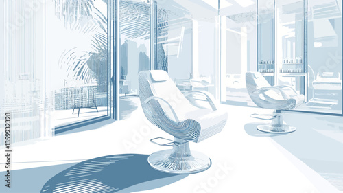The image shows a modern waiting room interior. Three sleek, comfortable chairs are arranged in a bright, spacious room with large windows. The color palette is predominantly light blue and white,