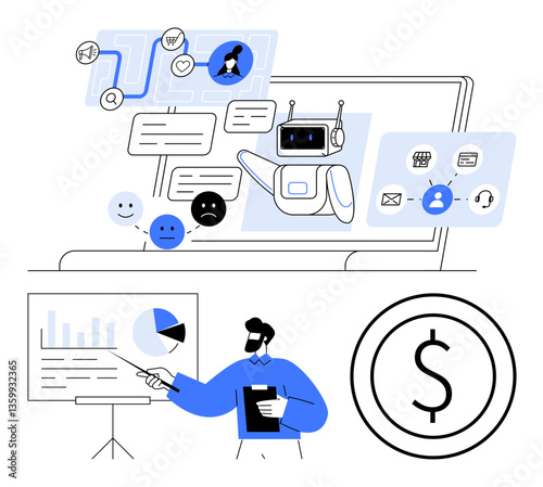Chatbot interacts using messages, emoticons, and user interface elements. Presenter explains data analysis, charts, and financial growth. Ideal for AI, customer service, data analytics sales