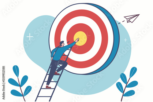 Climb up ladder to reach target or goal, aspiration to success, growth or aiming to achieve target, objective or purpose, motivation to winning concept, businessman climbing ladder to business goal.