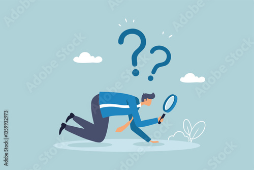 Detect or discover fact, information or analysis, curiosity, research or search in details, exploration or finding solution concept, businessman detective looking through magnifying glass searching.