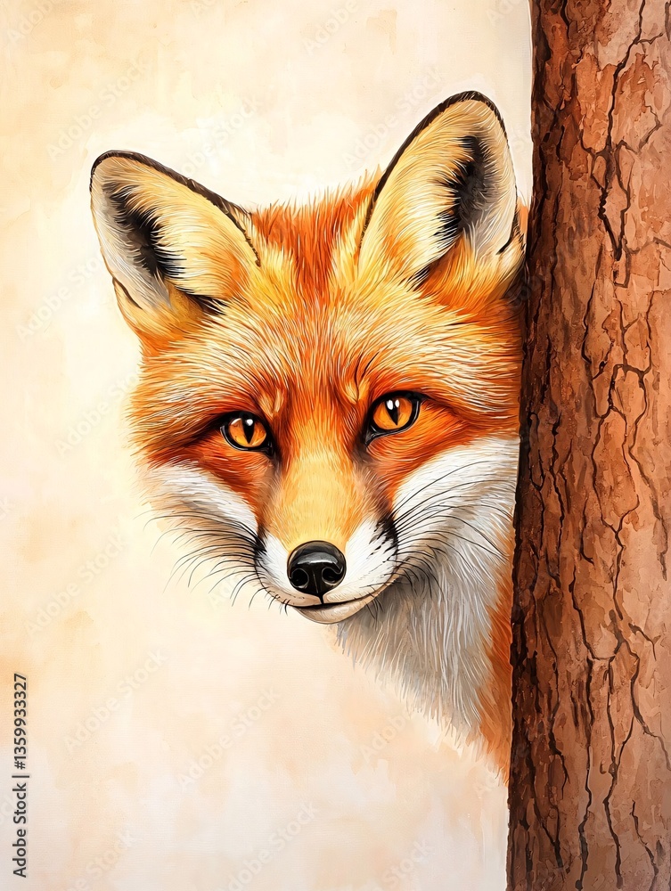 Fototapeta premium Red Fox Peeking from Behind a Tree.