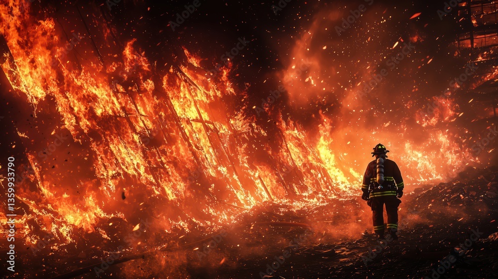 Fototapeta premium Resilient Firefighter Displaying Strength in Fiery Chaos