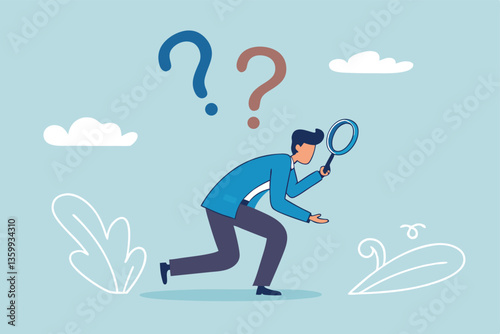 Detect or discover fact, information or analysis, curiosity, research or search in details, exploration or finding solution concept, businessman detective looking through magnifying glass searching.