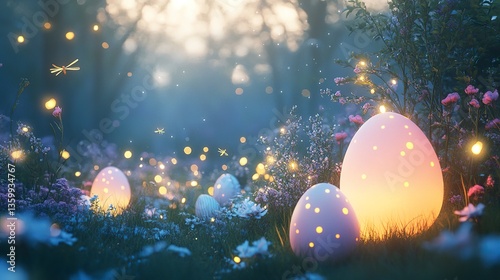 A magical Easter garden scene with softly glowing pastel eggs, twinkling fireflies, and a dreamy floral meadow. 