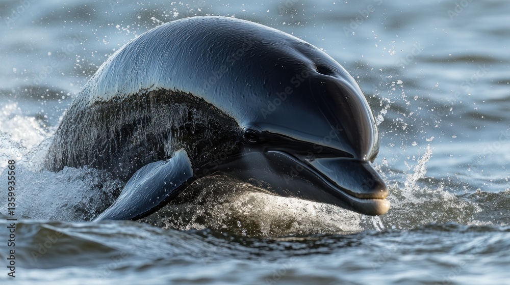 Fototapeta premium Dolphin's playful breach, A marine mammal's vibrant splash emerges