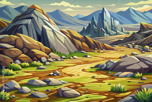 landscape of hot desert hill with rocks and mountains illustration cartoon