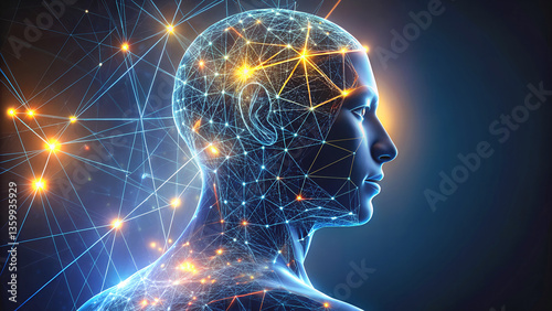 Futuristic Digital Human Head with Glowing Neural Networks and Cybernetic Augmentation