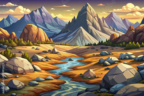 landscape of hot desert hill with rocks and mountains illustration cartoon