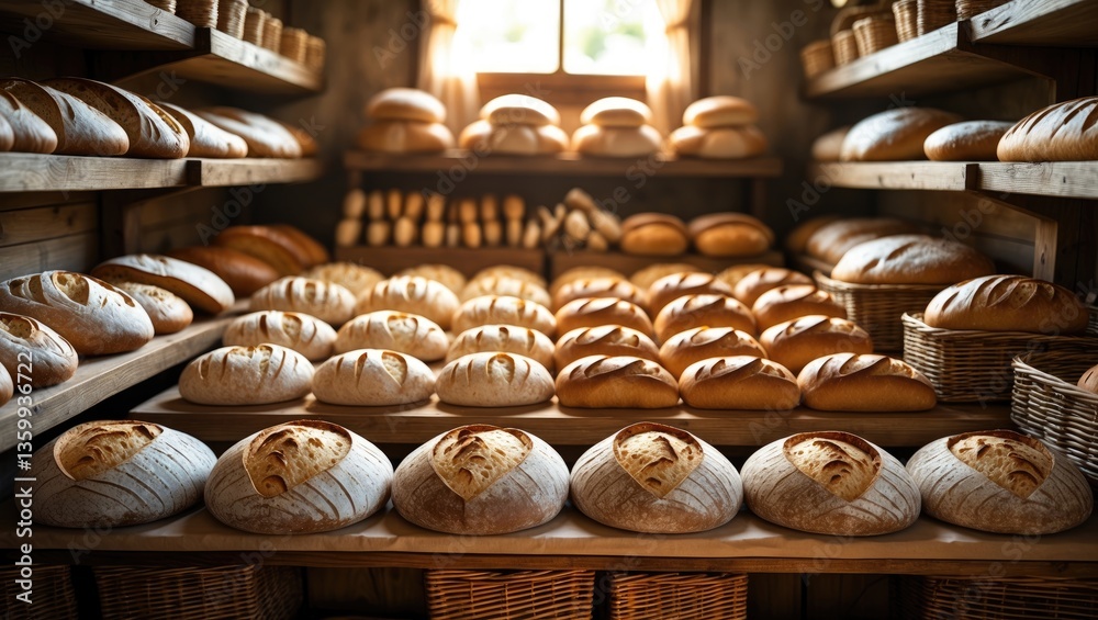 At a bakery, loaves of bread are arranged on wooden shelves. A selection of breads. Tasty sourdough bread. Healthy eating. The interior of a bakery. At a bakery, loaves of bread are arranged on wooden shelves. A selection of breads. Tasty sourdough bread. Healthy eating. The interior of a bakery.