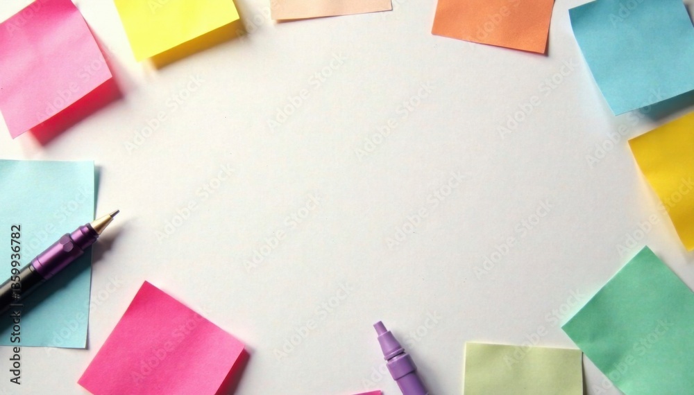 Sticker notes scattered randomly around a white surface , scattered, random Sticker notes scattered randomly around a white surface , scattered, random