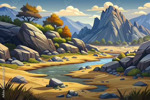 landscape of hot desert hill with rocks and mountains illustration cartoon