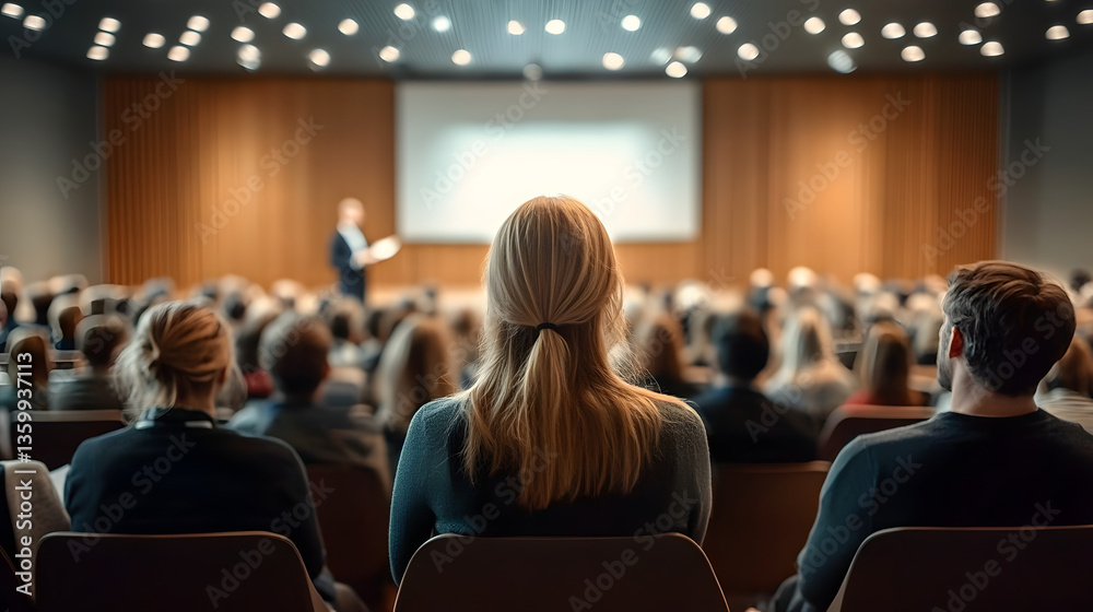 Rear view of people in audience at the conference hall, Speaker giving a talk in conference hall at business event. Rear view of people in audience at the conference hall, Speaker giving a talk in conference hall at business event.