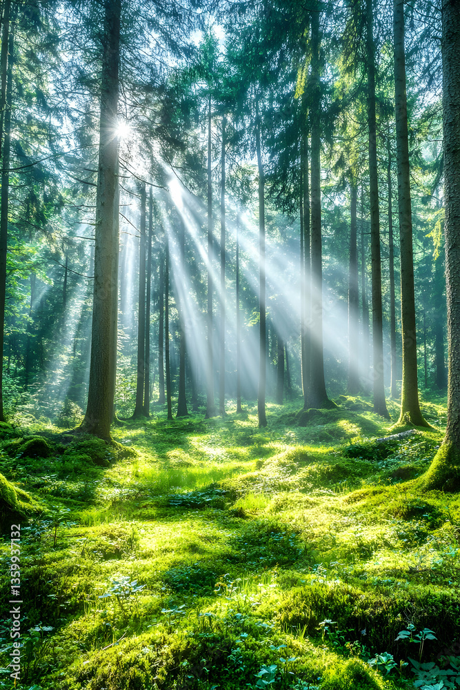 Obraz premium Sunbeams in mossy forest, nature scene, peaceful background, ideal for relaxation