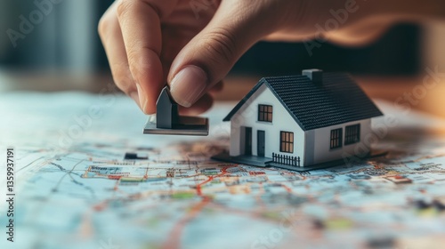 Planning expansion a miniature house and extension are held over a detailed map symbolizing construction home improvement or strategic property investment