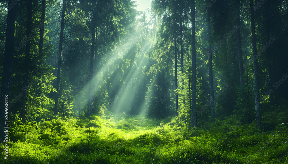 Obraz premium Sunlight streams through a misty forest