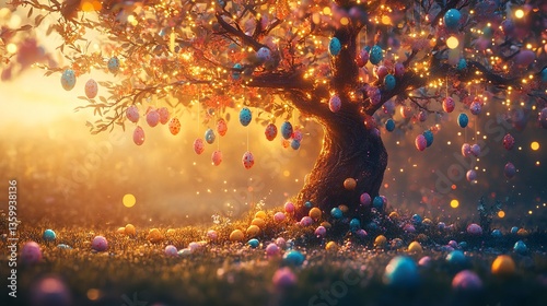 A magical Easter tree covered in pastel ornaments, twinkling lights, and tiny hanging Easter eggs, surrounded by a glowing golden atmosphere. 
