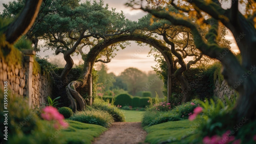 Obraz premium A mystical garden entrance Landscape featuring mature trees