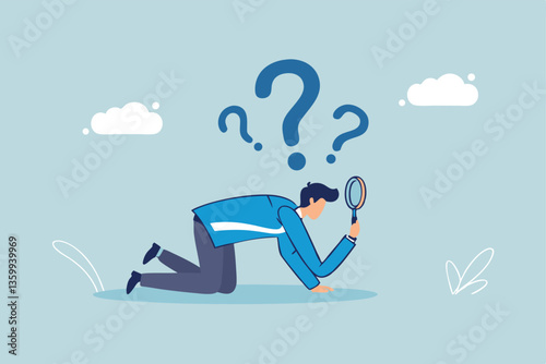 Detect or discover fact, information or analysis, curiosity, research or search in details, exploration or finding solution concept, businessman detective looking through magnifying glass searching.