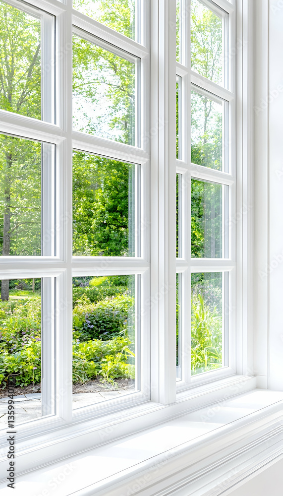 Sunny garden view through white window Sunny garden view through white window