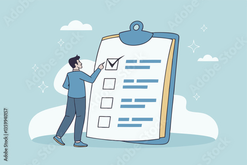 Complete checklist or finishing checkbox, task done within deadline, complete tasks list or project, approval or achievement concept, businessman put tick on complete checklist on paper clipboard.
